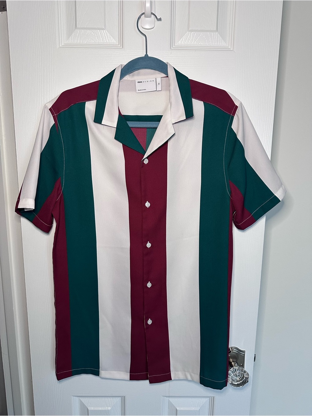 Men's Short Sleeve Stripe Camp Shirt - Burgundy, Green & White